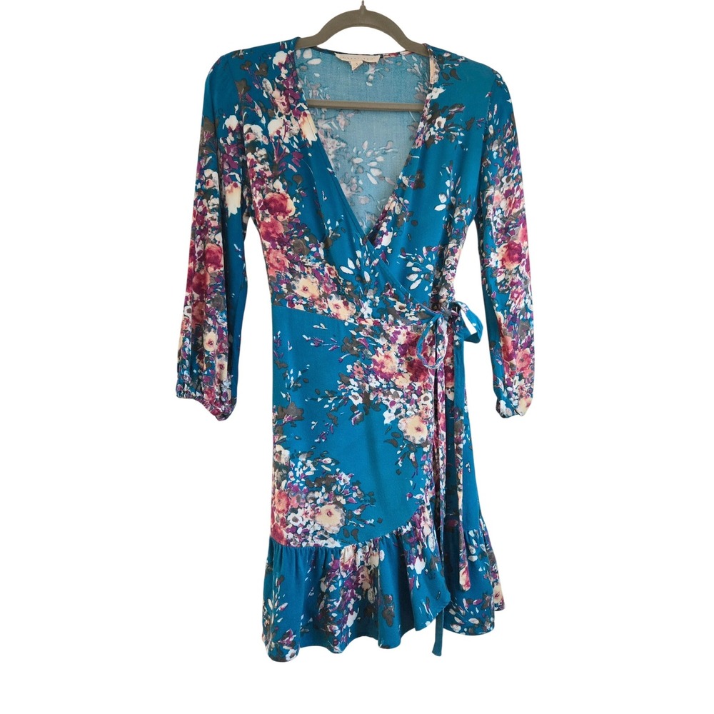 Boho Fairy Lovestitch Size S Teal Blue‎ Floral Wrap Dress Long Sleeve Ruffle Hem